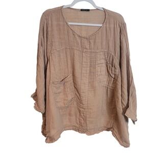 Grizas Women's XL 100% Linen Oversized Tunic Top Lagenlook Tan Pink Coastal